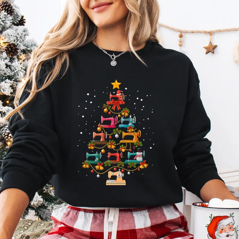 Antique Sewing Machine Christmas Tree Long Sleeve Tee